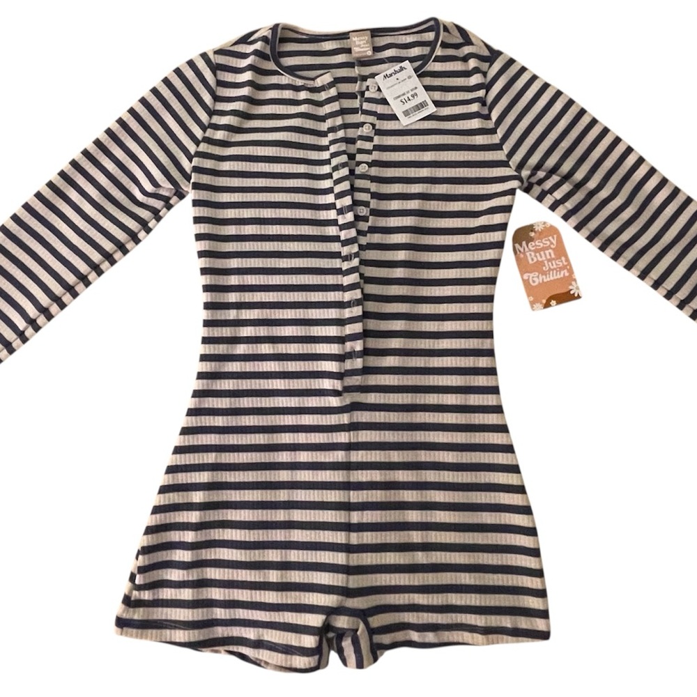 Striped Long-Sleeve Henley Romper in Navy and Cream